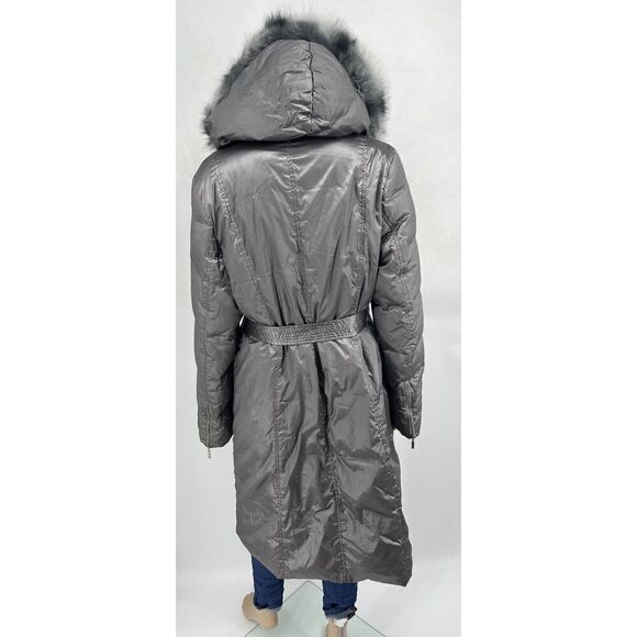 Adrienne Landau Large‎ Anorak Coat Gray Fox Fur Trim Hooded Belted Puffer Jacket - Picture 6 of 12
